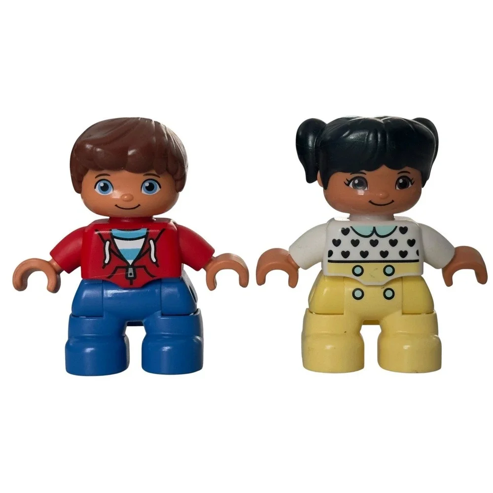 LEGO DUPLO Figure Lot 2x Boy Red Hoodie Jacket & Girl Hearts Yellow Pants Set